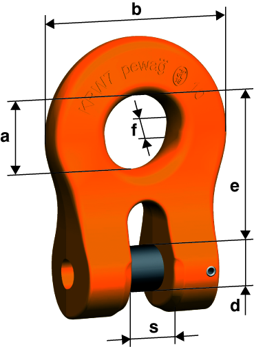 Pierścień widełkowy pewag KRW — rysunek wymiarów e, s, a, b, f i d
