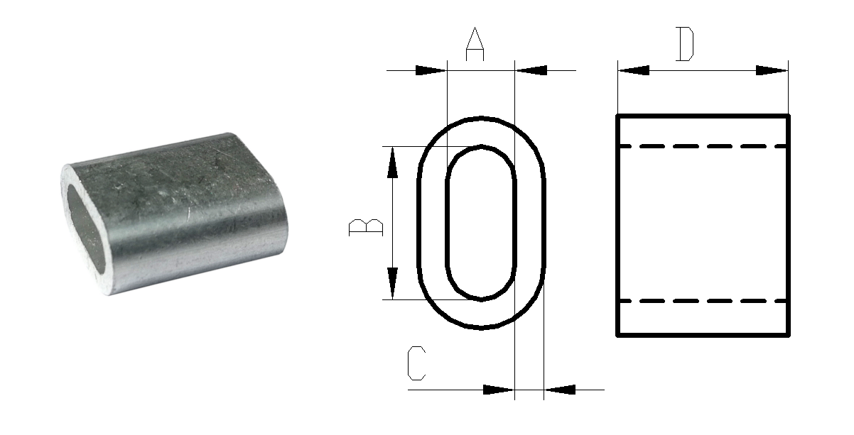 Zacisk aluminiowy do lin stalowych — rysunek wymiarowy