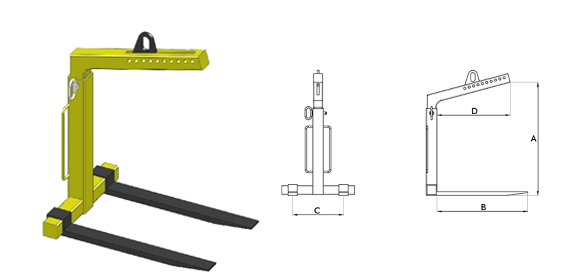 uchwyt widłowy do transportu palet z automatycznym wyważaniem środka ciężkości typ UPW-X wymiary uchwytu