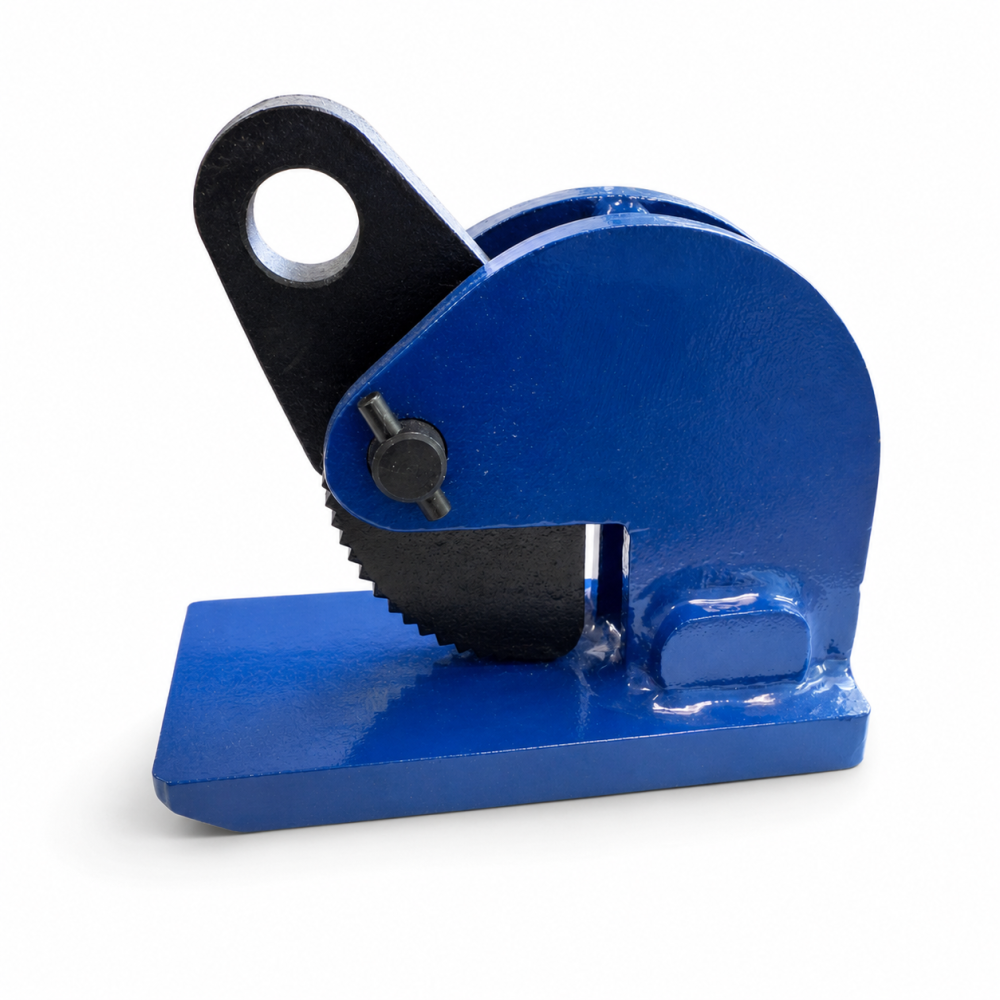 Uchwyt CNI do poziomego podnoszenia blach — niebieski korpus i ząbkowana szczęka