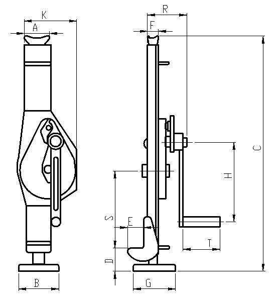 Podnośnik kolejowy PKC, podnośnik mechaniczny korbowy - wymiary