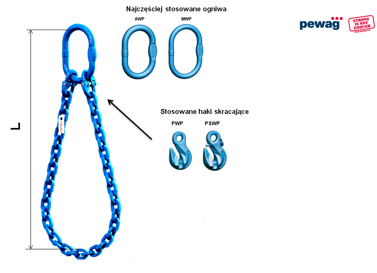 Zawiesie łańcuchowe 1-pętlowe - haki skracające, ogniwa, kl.12