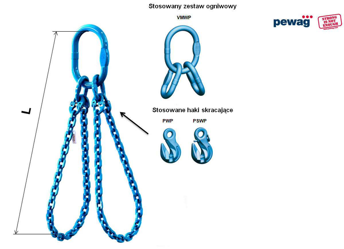 Zawiesie łańcuchowe 2-pętlowe - haki skracające, ogniwa, kl.12