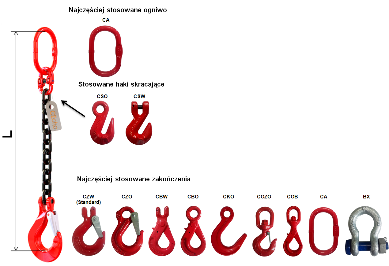 Zawiesie łańcuchowe 1-cięgnowe - zakończenia, ogniwa, haki, haki skracające kl.8