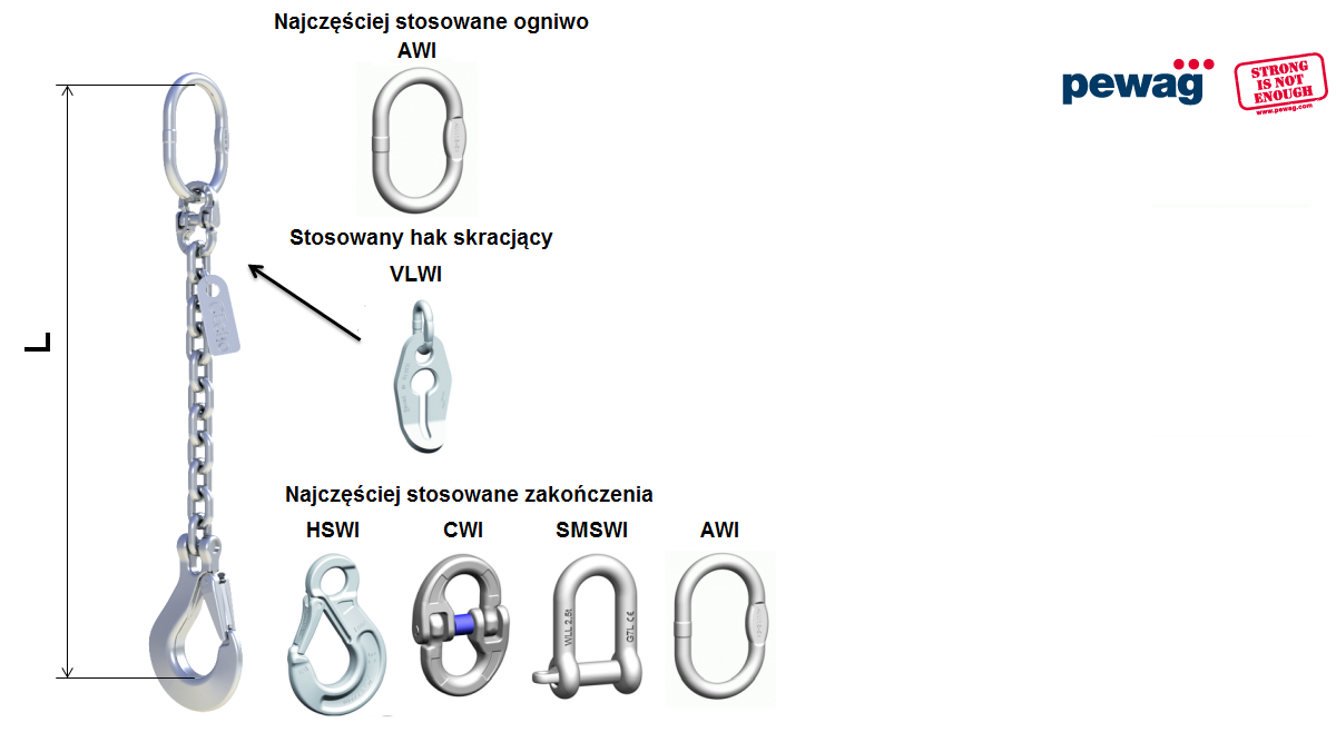 Zawiesie łańcuchowe 1-cięgnowe nierdzewne - kwasoodporne - zakończenia, ogniwa, haki, haki skracające