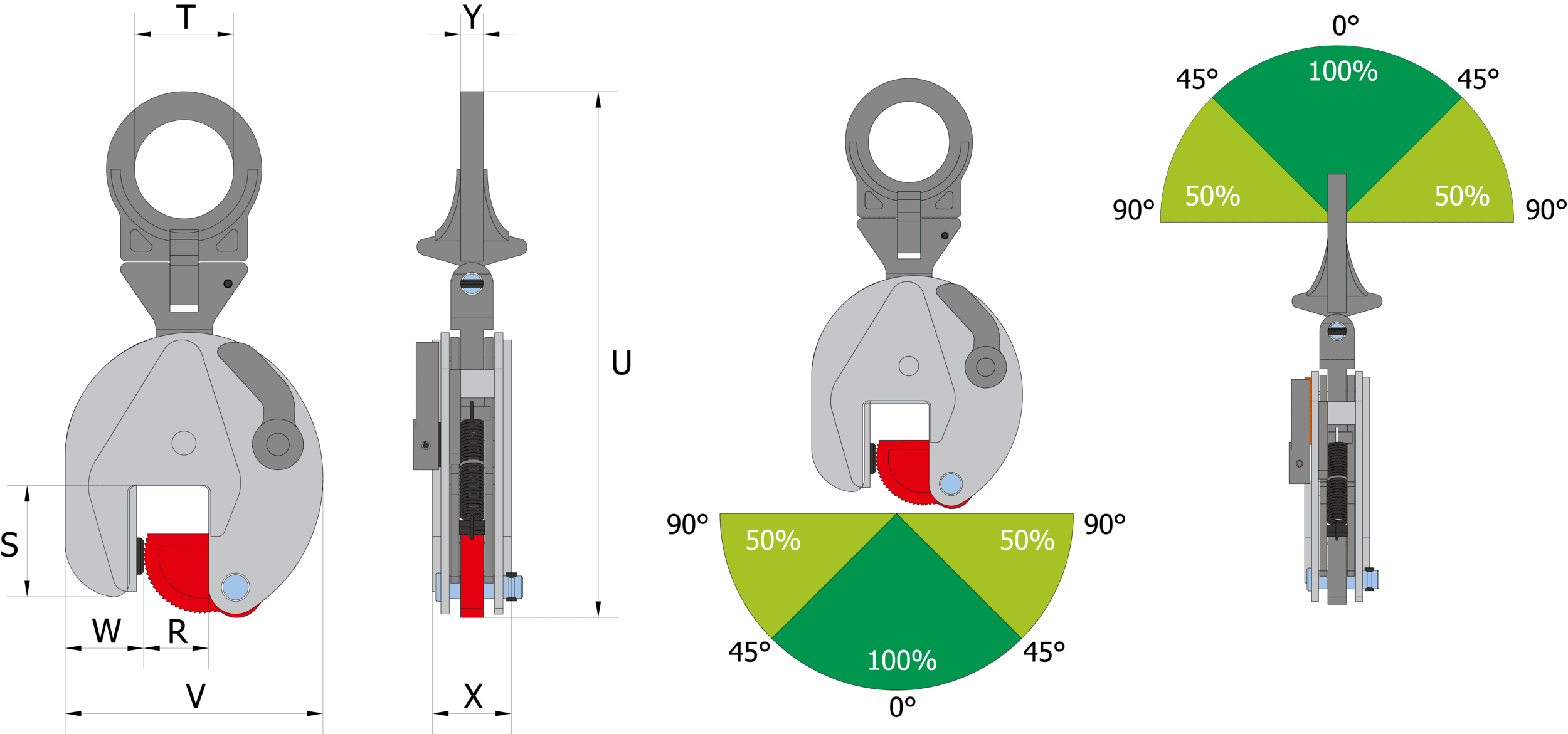 pewag VUW-R — wymiary R S T U V W X Y oraz diagram redukcji DOR zależnie od kierunku obciążenia